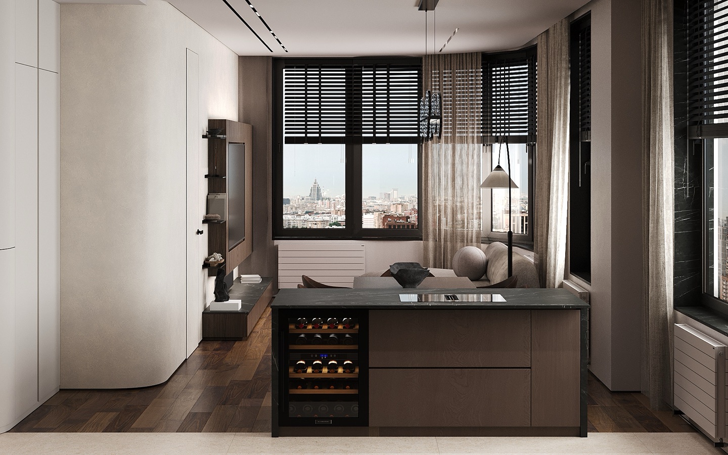 Городской интерьер с большой панорамой и островом.