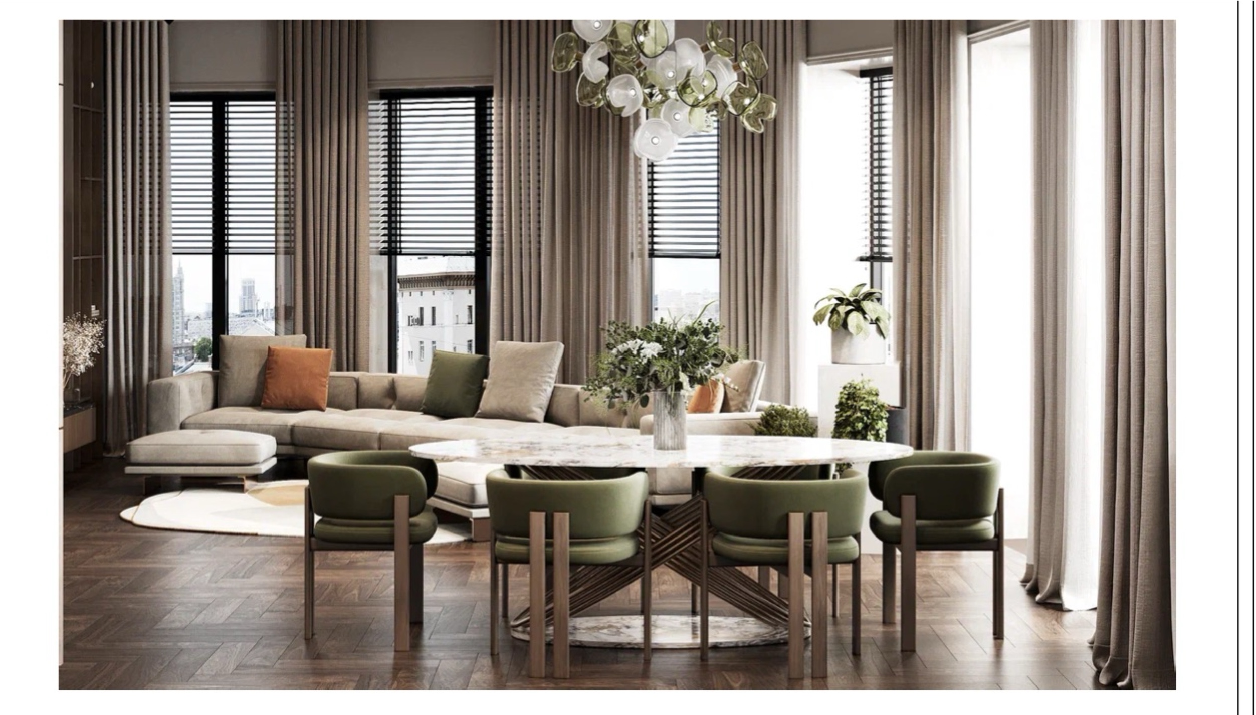 Общая зона с панорамными окнами и мягкой посадкой.