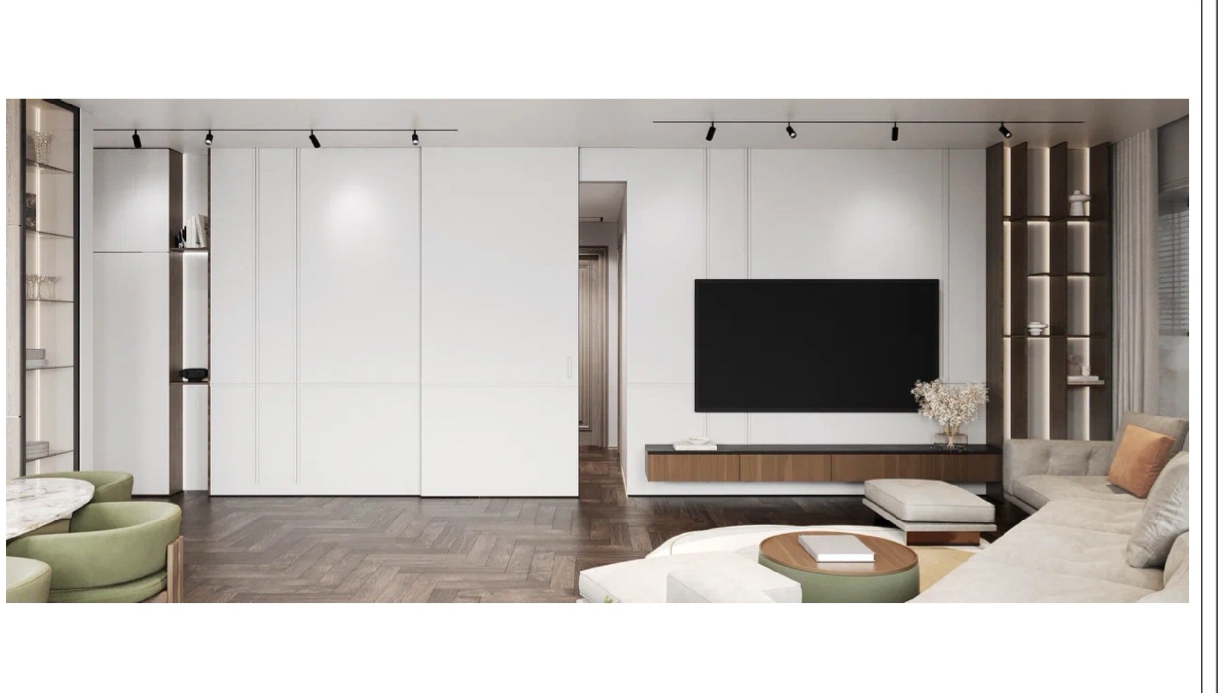 Гостиная с мягкой посадкой и теплым деревом.